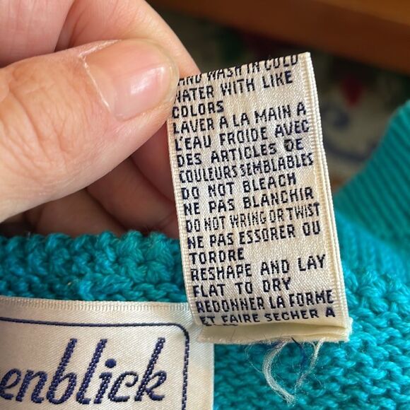 Vtg 80s Alpenblick turquoise blue cotton sleeveless sweater/ triangles on front - Picture 8 of 8